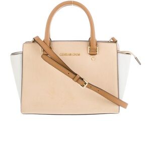 Michael Kors Selma Top Zip Satchel Purse, Tan & White Crossbody